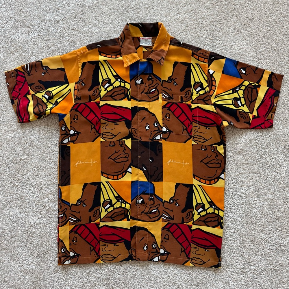 Vtg Platinum Fubu Fat Albert Junkyard Gang All Over Print Button Shirt Men Sz XL